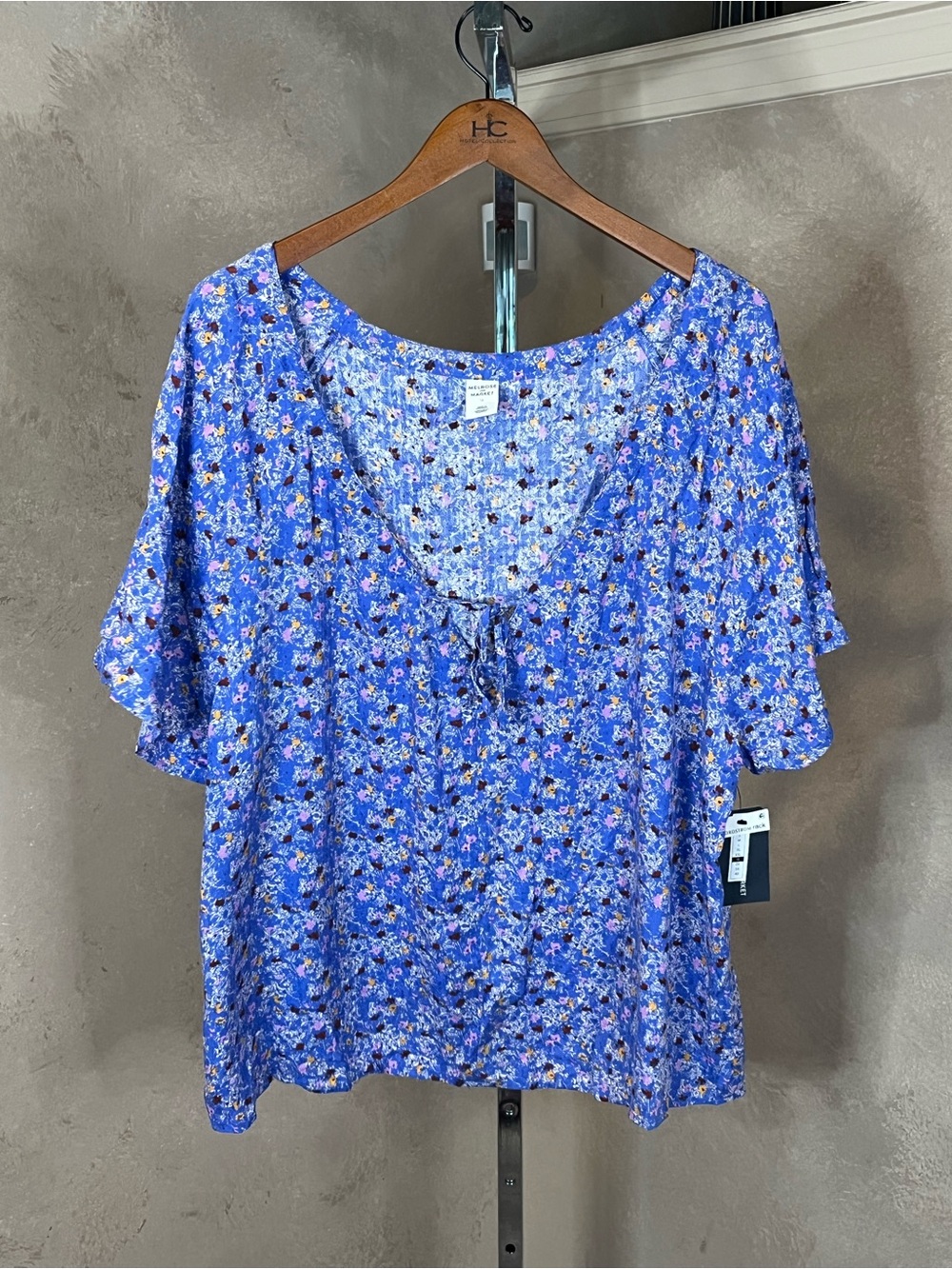 NWT Melrose and Market Blue Floral Tie-Front Blouse 1X